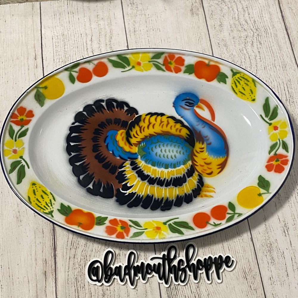 Vintage Metal Enamel Turkey Thanksgiving Platter Plate - Blue